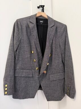 INC International Concepts Gray Checked Double-Breasted Blazer with Gold Buttons